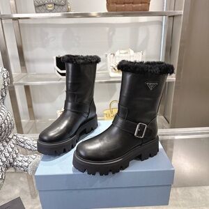 Prada Women's Black Winter Boots with Fur Trim